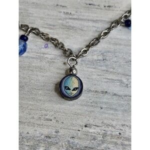 Silver tone 16" Alien Face Beads Necklace Blue Crystals Unique